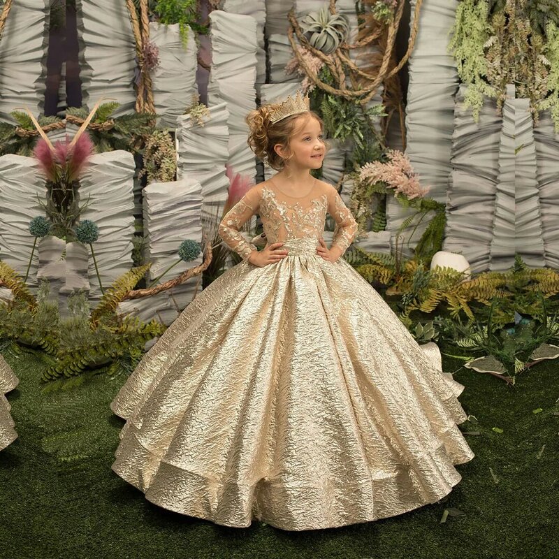 FATAPAESE złota dziewczęca sukienka w kwiaty księżniczka iluzja rękaw z kokardką przyciski soczysta spódnica urodziny wesele dzieci druhna