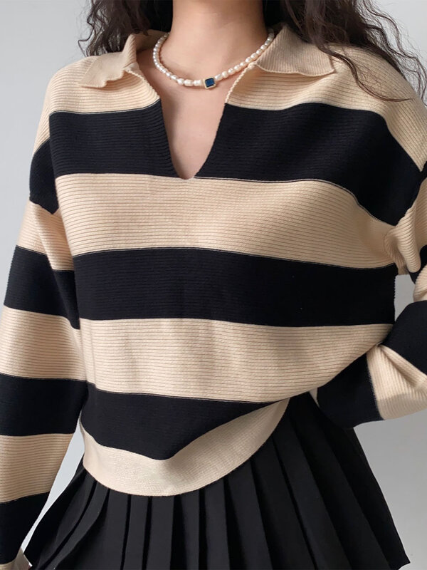 Sweater Wanita Antik Pullover Rajutan Kasual Solid Musim Gugur Kerah Turn-Down Feminin Longgar Hangat Semua Cocok Atasan Streetwear Lembut