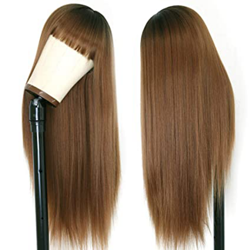 Parrucche lunghe dritte marroni con frangia parrucca sintetica radici nere fibra resistente al calore piena macchina fatta ogni giorno Glueless