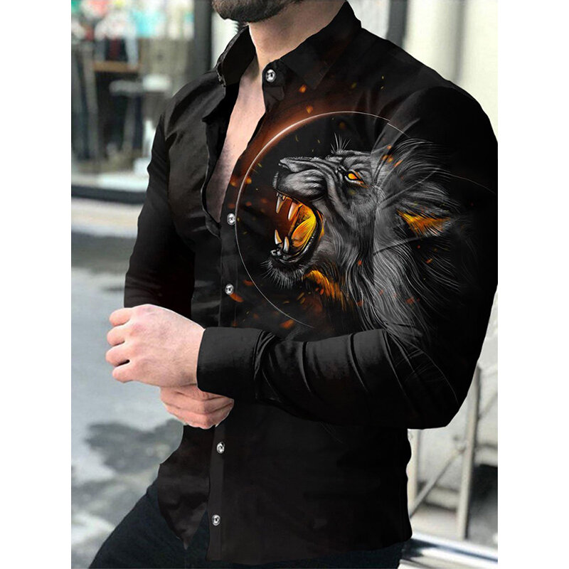 Moda luksusowe społeczne męskie koszule skręcić w dół kołnierz koszula na guziki Casual nadruk lwa z długim rękawem topy odzież męska Prom Cardig