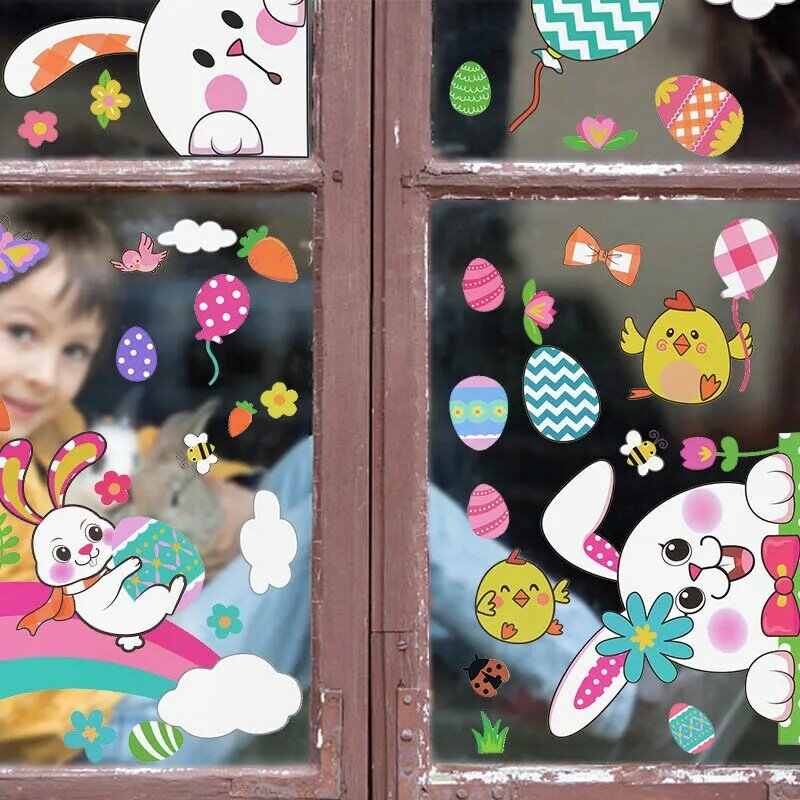 행복 한 부활절 자기-접착제 창 스티커 토끼 계란 병아리 만화 이동식 벽 스티커 아이 방에 대 한 홈 Decals 부활절 장식