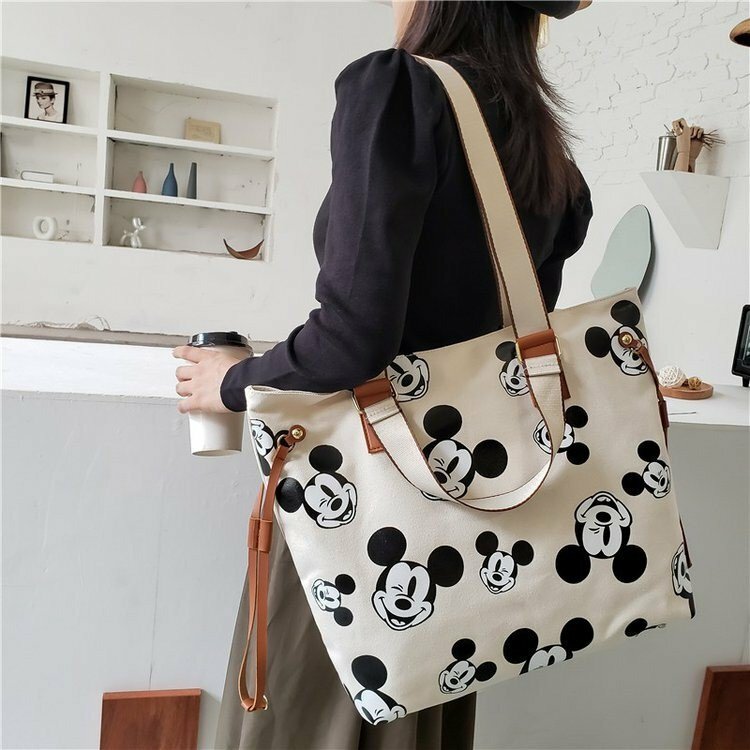 New 2022 Disney Cartoon Mickey Mouse Women High Capacity Shoulder Bags Canvas Waterproof Printing Big Size Handbag Shopping Bag
