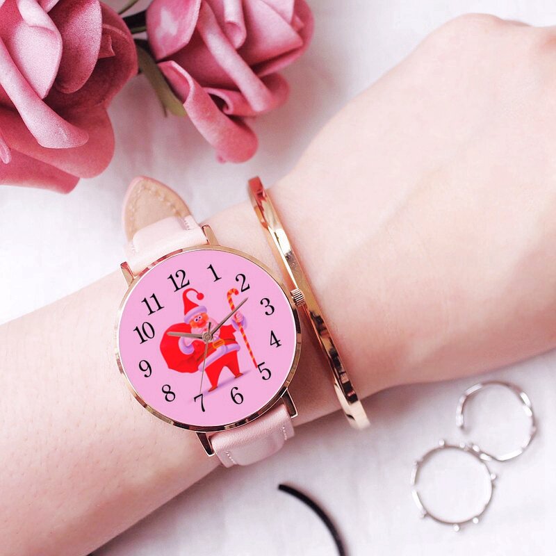 Nowe zegarki damskie Santa panie różowy skórzany pasek numery świąteczne zegarki kwarcowe prezent