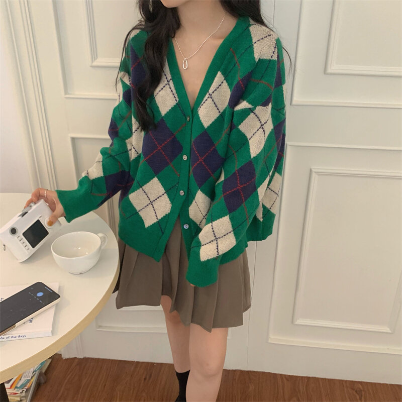 Duofan camisola feminina moda coreana solto cardigan camisola casaco de diamante xadrez vintage malha grossa cardigans feminino y2k roupas