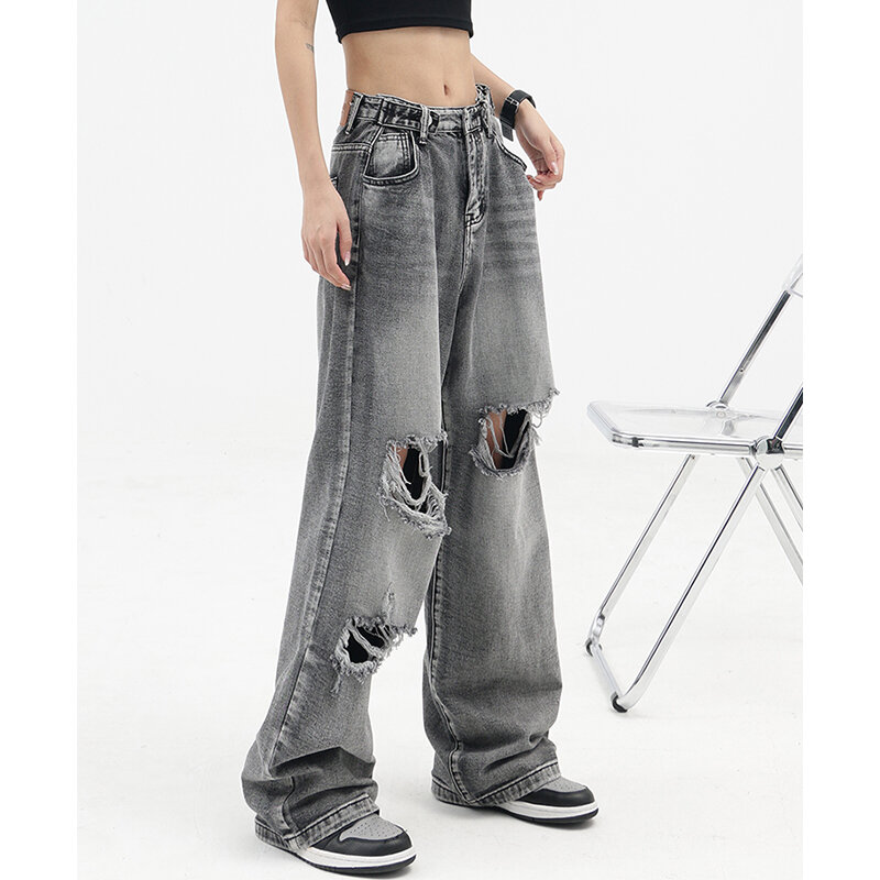 Jeans Wanita Harajuku Mode 2022 Celana Denim Mencuci Kasual Longgar Hip-Hop Kaki Lebar Celana Panjang Wanita Gaya Gotik