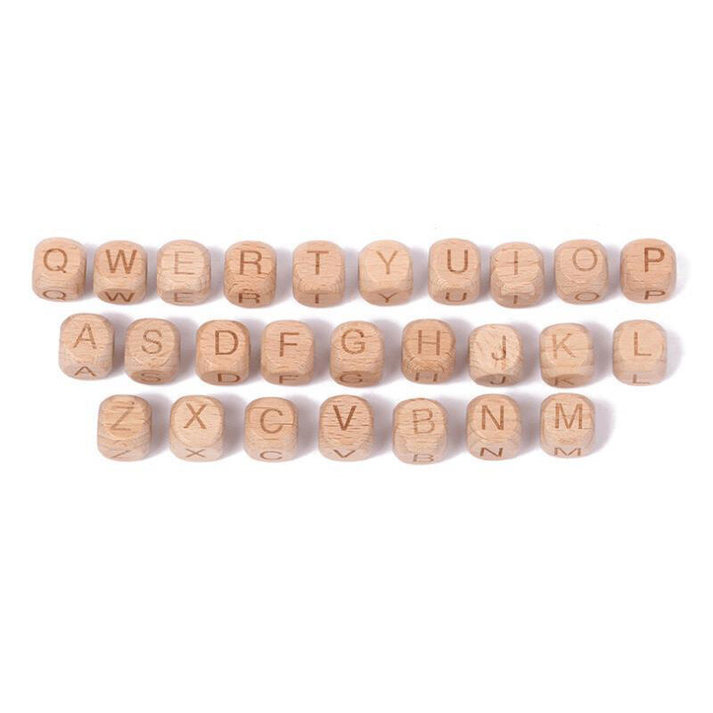 Cuentas de madera con letras del alfabeto inglés para bebé, cadena de chupete personalizada con accesorios de nombre, mordedores, juguete para masticar, 10 piezas, 12MM