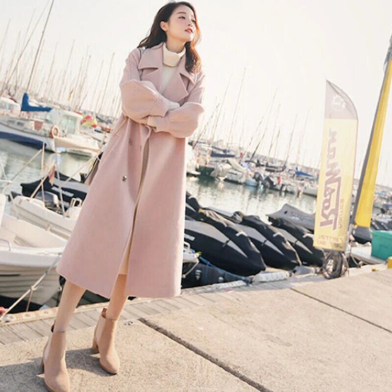 Abrigo de lana coreano de alta calidad para mujer, abrigo de lana rosa clásico con cinturón de doble botonadura y abrigo de lana medio y largo para Otoño e Invierno 2023