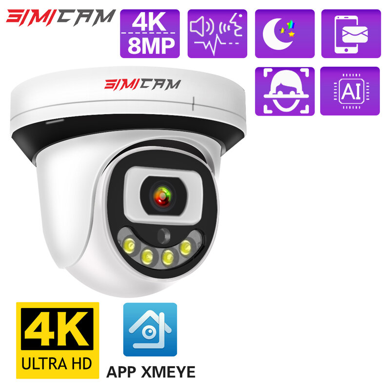 SIMICAM 4K IP POE/12V Kamera Pengawasan 8MP/5MP/4MP Penyihir Audio Dua Arah Warna Penglihatan Malam Keamanan Onvif AI Alarm Pintar Xmeye