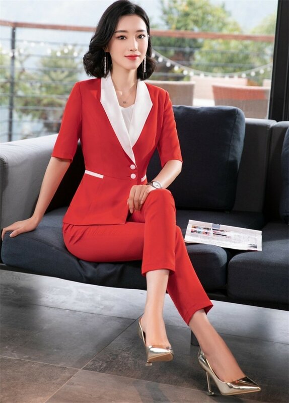 موضة الأحمر سليم رسمي المرأة بدلة عمل مع السراويل و القمم OL أنماط المهنية pantsuit الإناث بنطلون مجموعة بلازير