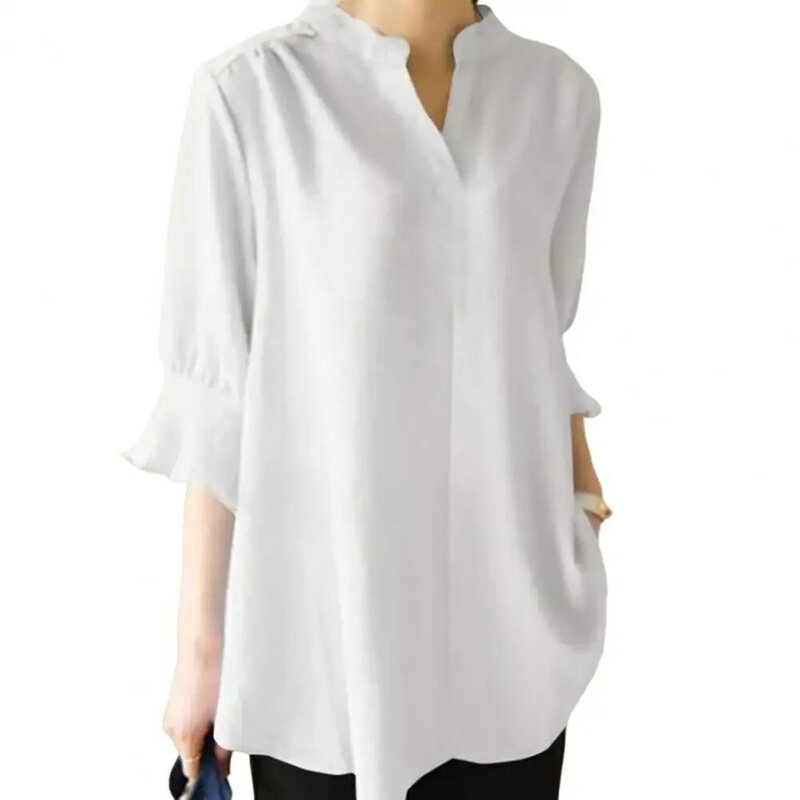 V-Neck Mid-Length Loose Fit Summer Shirt Solid Color Half Sleeve Pullover Blouse Female Clothing