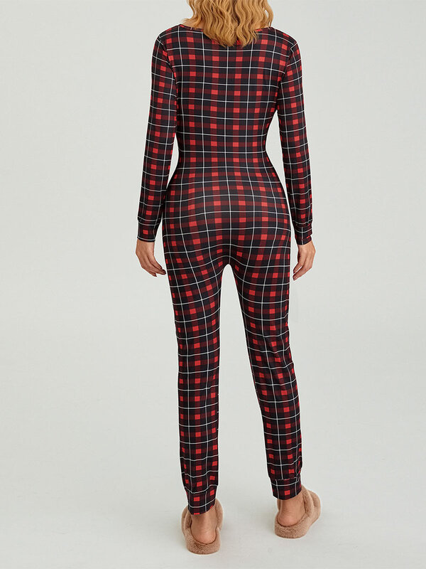 Frauen Weihnachten Pyjama Stram pler Langarm Reiß verschluss Overall Knopf Bodycon Bodysuit Lounge wear