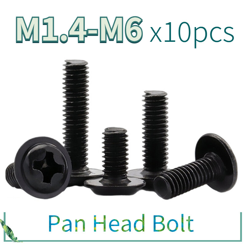 10pcs/lot M1.4-M6 Black Pan Head Screws with Washer and Pad, DIN967 Fixed Motherboard Screws, PWM Style