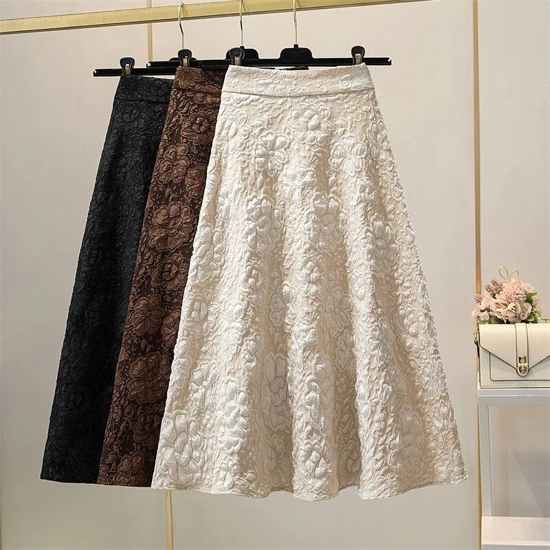Lace Vintage Skirt Womens 2023 Spring Autumn New High Waist Hollow Embroidery Floral Large Swing Umbrella Skirt Faldas Aesthetic