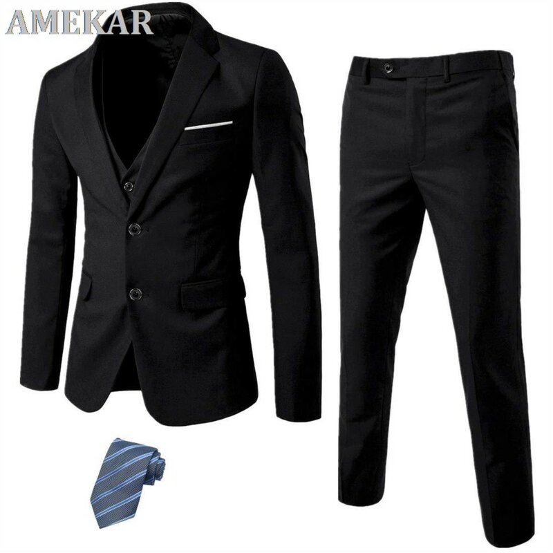 3 peça masculina magro ajuste terno conjunto 2 botão blazer jaqueta colete calças com gravata para o homem de negócios sólido vestido de casamento calças smoking