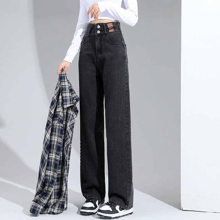 Calça jeans reta de cintura alta para mulheres, casual, moda coreana, Y2K Baggy Denim, calça larga larga larga larga larga, streetwear, nova