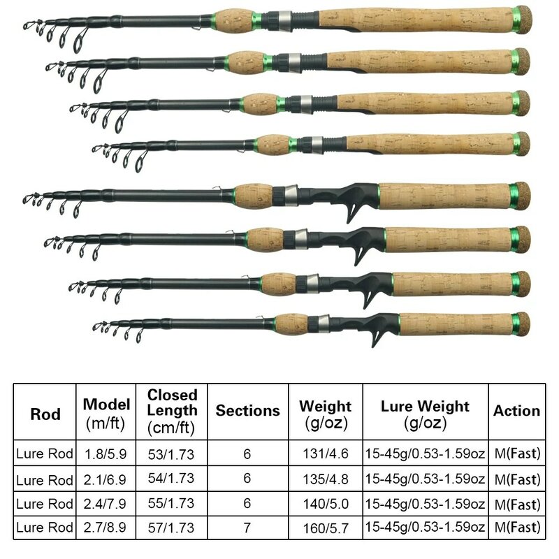 Casting Spinning Fishing Rod 1.8m/2.1m/2.4m Super Light Carbon Fiber Telescopic Rod Pole with Cork Handle Fishing Rod for Bass