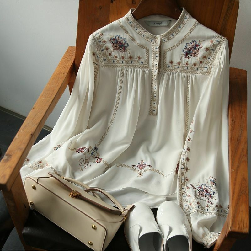 Blusa holgada informal de chifón para mujer, camisa con estampado Retro, cuello levantado, estilo bohemio, verano, primavera 2022