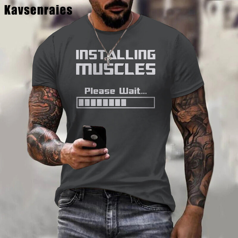 Alta qualidade instalando músculos por favor aguarde barra de carga 3d impressão t camisa das mulheres dos homens roupas casuais verão fitness manga curta