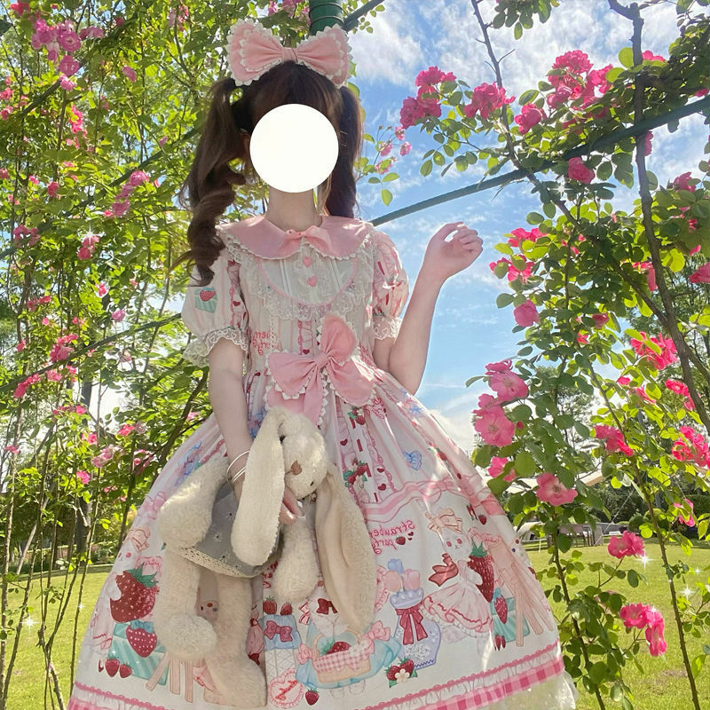 Japanese Strawberry Summer Sweet Lolita Dress Women Kawaii Victorian Tea Party Short Sleeves Lace Gothic Girls Lolita Dresses