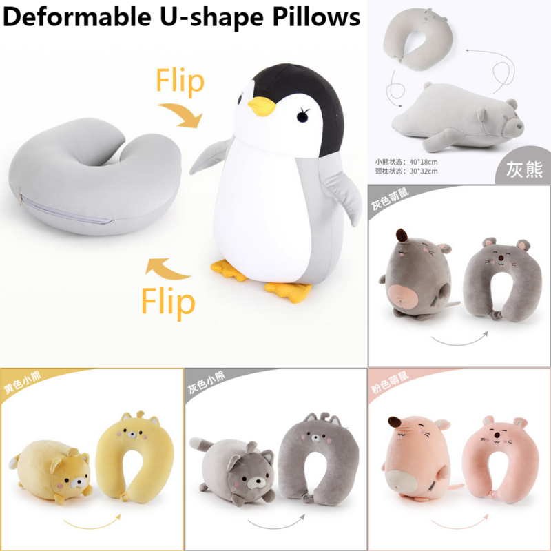Deformable U Bentuk Bantal Travel Zip Flip Penguin Partikel Leher Bantal Mobil Kantor Bantal Tidur Siang Kartun Mainan Lembut untuk Anak Dewasa