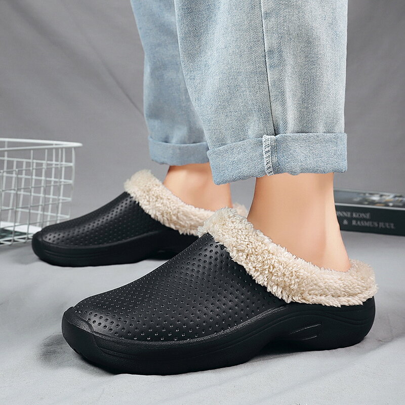 Sandal Katun Pria Platform Sepatu Tahan Air Mewah Hangat Pasangan Sandal Dalam Ruangan Nyaman Sol Tebal Sandal Rumah Pria Wanita