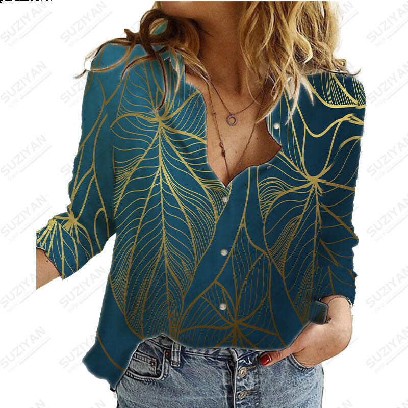 New Tropical Plant Print Lapel Women's Shirt Large Long Sleeve Button Shirt Long Sleeve Loose Casual Women's Shirt