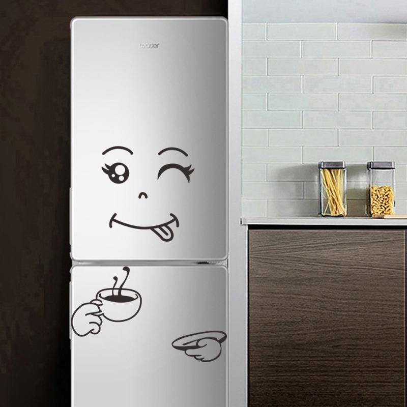 Autocollant mural pour réfrigérateur, dessin animé mignon, visage joyeux et délicieux, Stickers muraux pour réfrigérateur de cuisine, Art mignon, Smiley