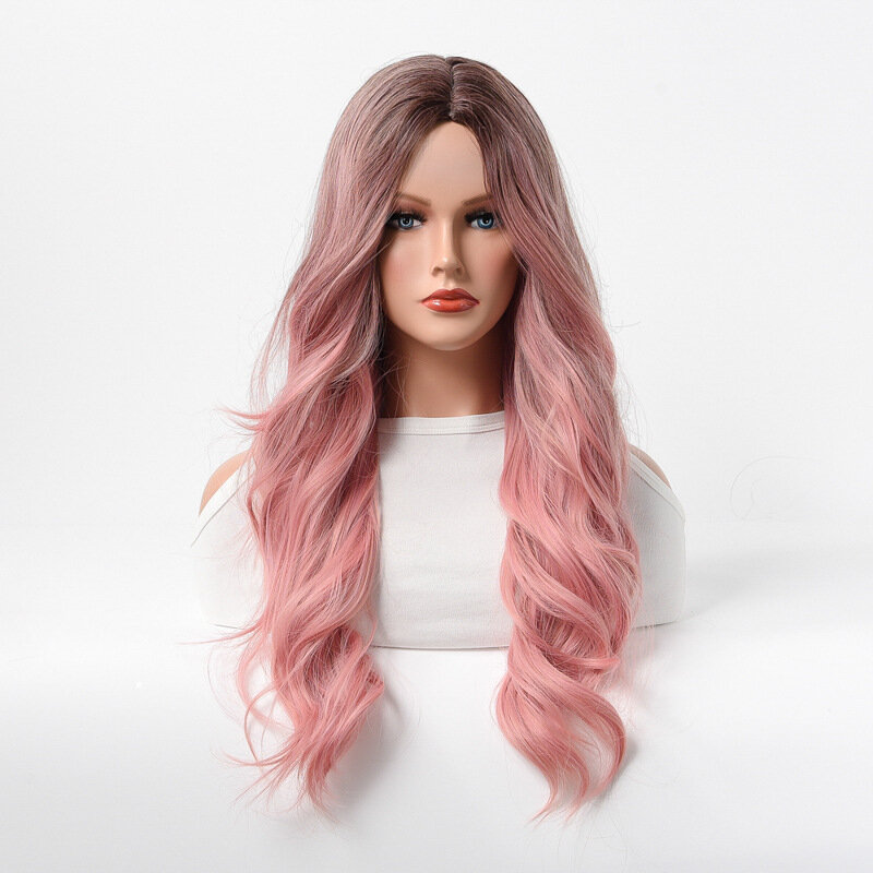Synthetische Perücke mit Farbverlauf und langem gewelltem lockigem Haar mit matter Textur, realistischem und atmungsaktivem Oberteil