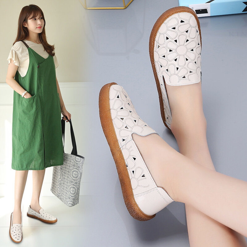 STS-mocasines de piel auténtica bordada para mujer, zapatos planos de piel auténtica, talla media, para verano