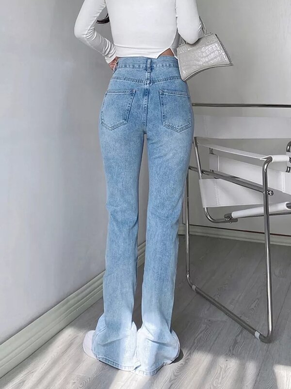 Calças jeans de cintura alta para mulheres vintage lavado elástico algodão elastano calças jeans y2k fenda lateral magro ajuste azul streetwear