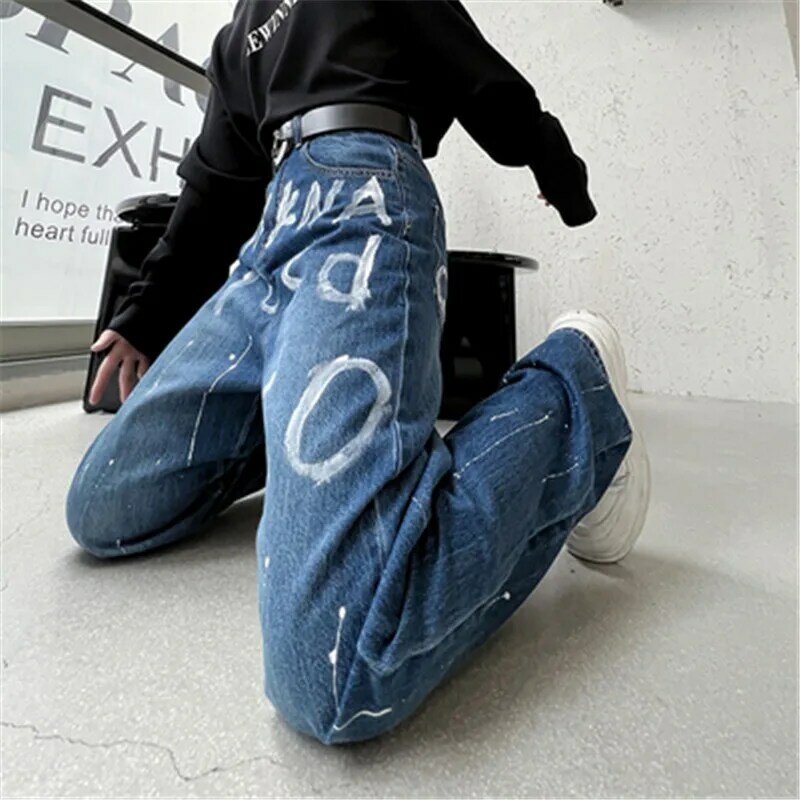 Джинсы мужские свободные с широкими штанинами, мешковатые брюки-багги с граффити, модные джинсовые брюки в стиле High Street, синие в Корейском стиле, осенняя одежда