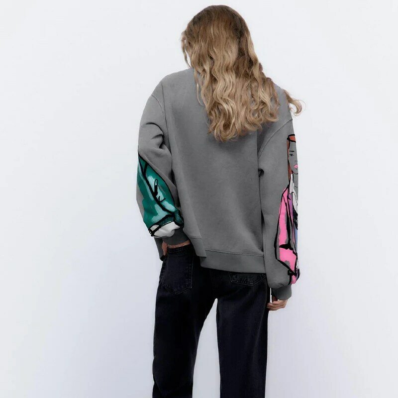 Herbst Frauen Streetwear O Neck Pullover Grundlegende Sweatshirts Winter Unisex Y2K Graffiti Print Langarm Baumwolle Warme Tops S-XL