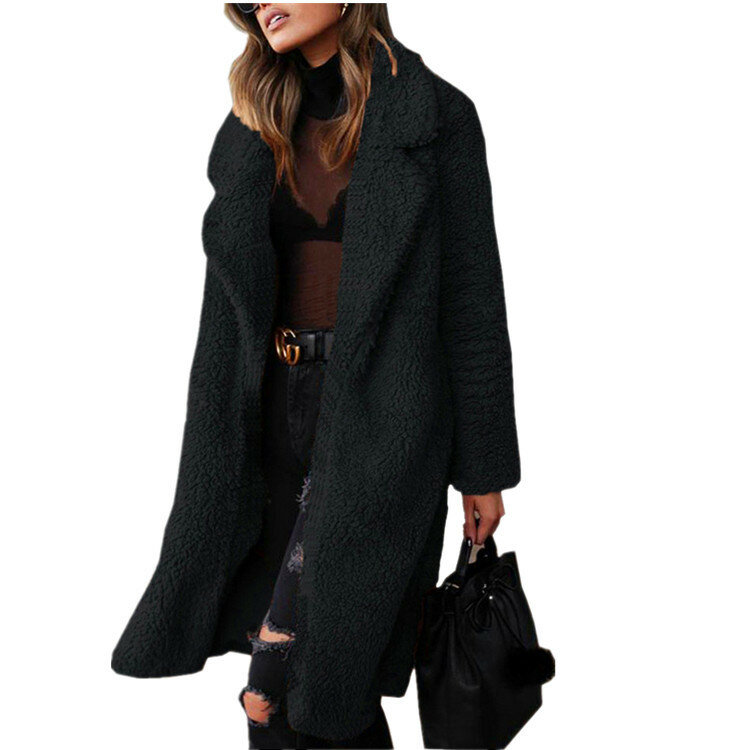 Женская черная кожаная куртка из искусственного меха с длинным рукавом, модная Толстая плюшевая куртка средней длины в стиле Харадзюку для ...