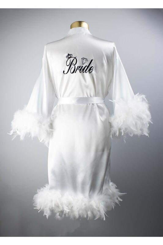 Dressing Gown Bridal - Full Feathered - Embroidery Black Satin Crown With Gift Bathrobe Gown Gown