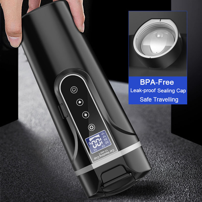 สมาร์ทรถกระติกน้ำร้อนไฟฟ้าสำหรับกาแฟชานม450ML แบบพกพาเดินทางกาต้มน้ำไฟฟ้าถ้วย BPA ฟรี LCD จอแสดง...