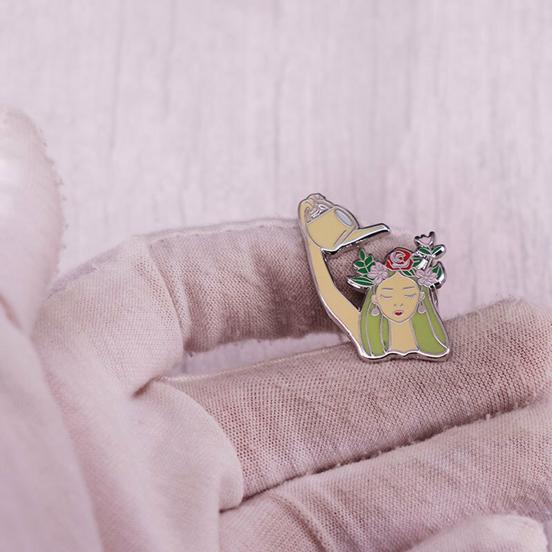 A0873 Beautiful woman watering flowers Enamel Pins Brooches Clothes Backpack Lapel Badges Collection Fashion Jewelry Accessories