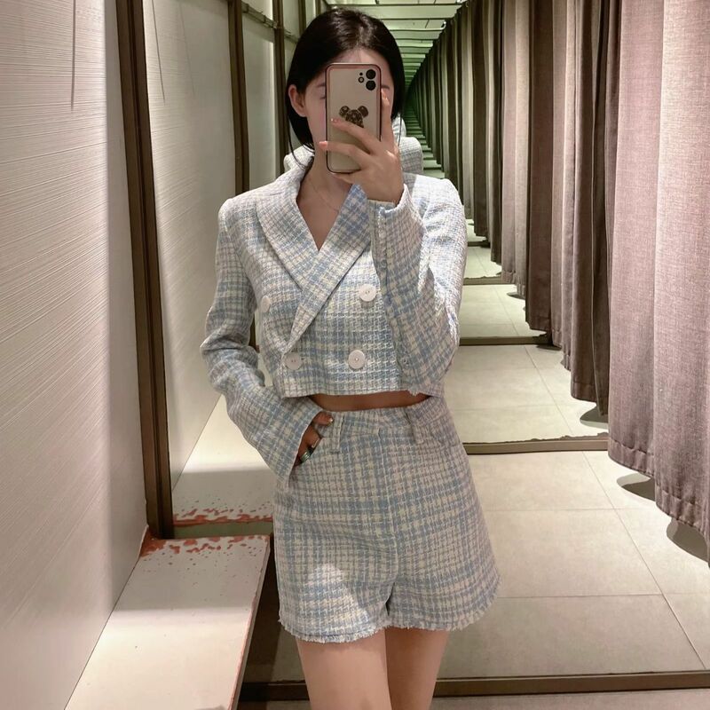 Women's Chic New Textured Casual Short Suit Jacket Fashion Double Breasted Long Sleeve Classic Style Female Suit + Shorts Mujer