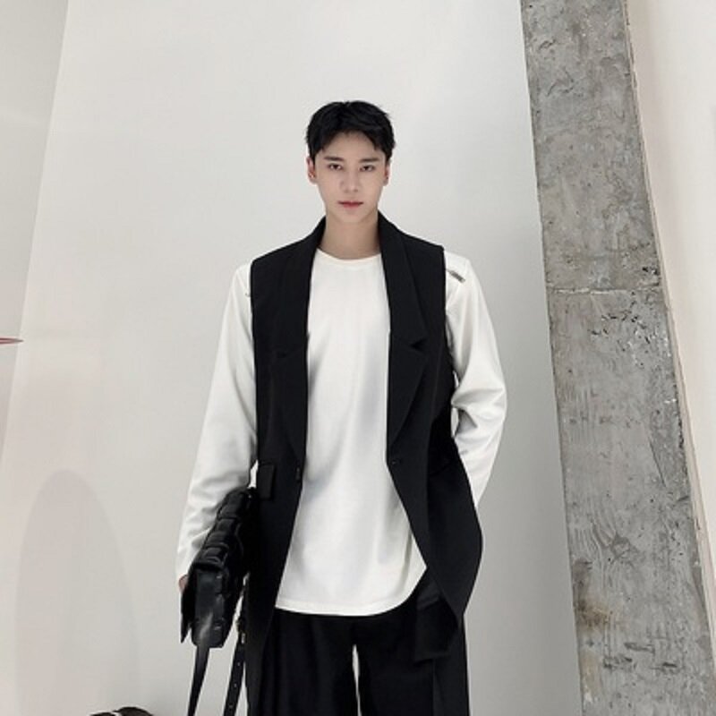 Casaco masculino meados de comprimento personalidade oversized nicho sem mangas casual colete outwear outono japão estilo preto roupas sociais