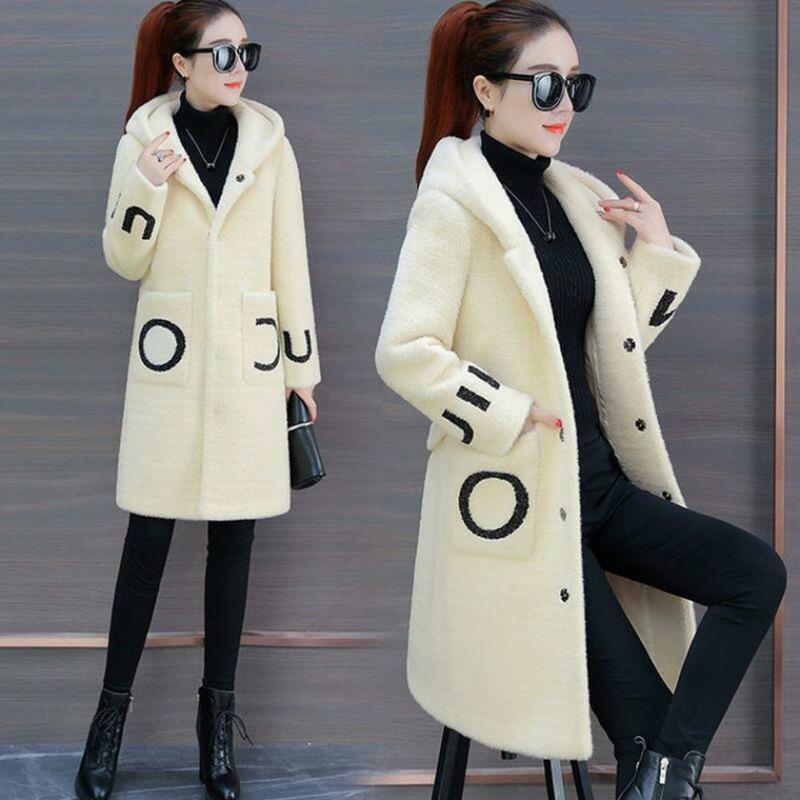 Hooded Long Sleeve Pocket Letter Print Single Breasted Plush Coat Women Thicken Imitation Lambswool Overcoat manteau femme hiver