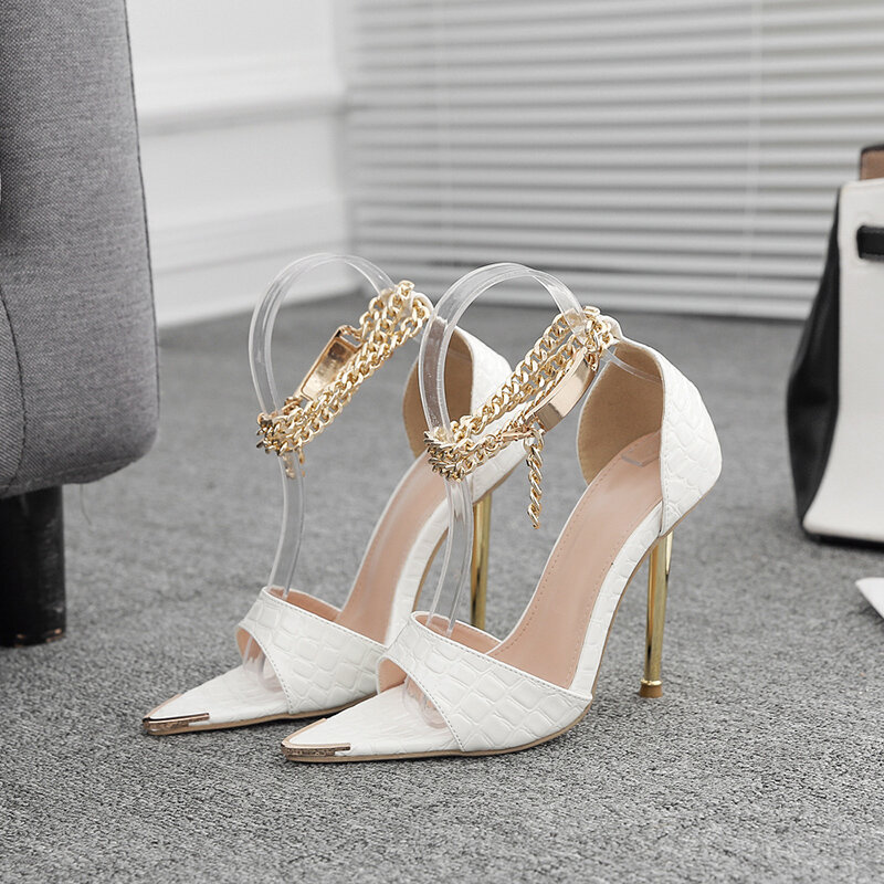 Gladiator Women Shoes Classics Pointed Toe Thin High Heel Cover Heel Ladies Party Dress Sandals Ankle Gold Chain Strap