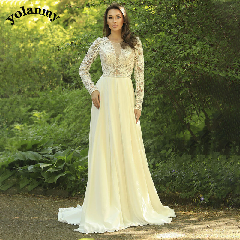 YOLANMY Tulle O-Neck Wedding Dresses For Bride Floor-Length Zipper Appliques Lace Full Sleeve Illusion Elegant Robe De Mariée