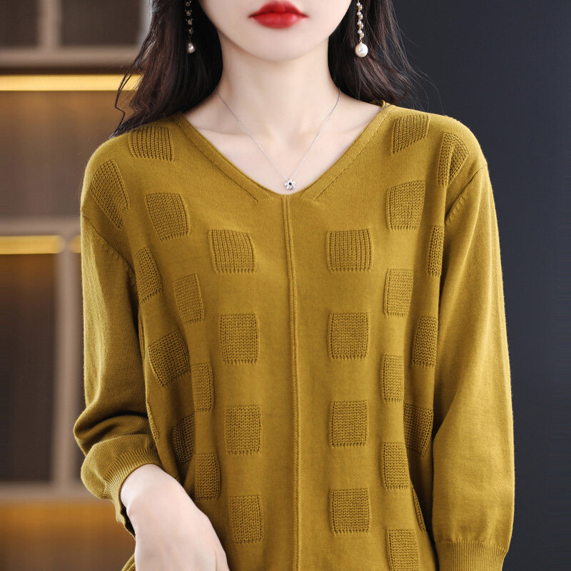 Suéter de manga corta con cuello en V para mujer, Jersey corto holgado de Color sólido con fondo Simple, novedad de primavera