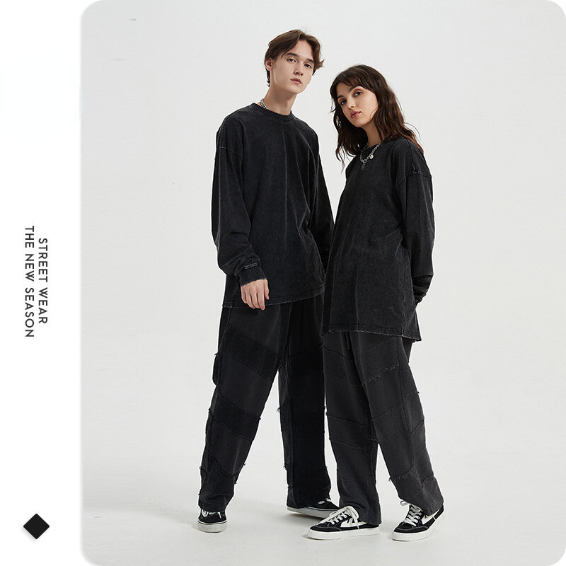 2022 Herfst Harajuku Mannen Met Lange Mouwen T-shirts Rand Retro Oversized Basic Wassen Mode Streetwear Paar Vrouwen Truien Tops