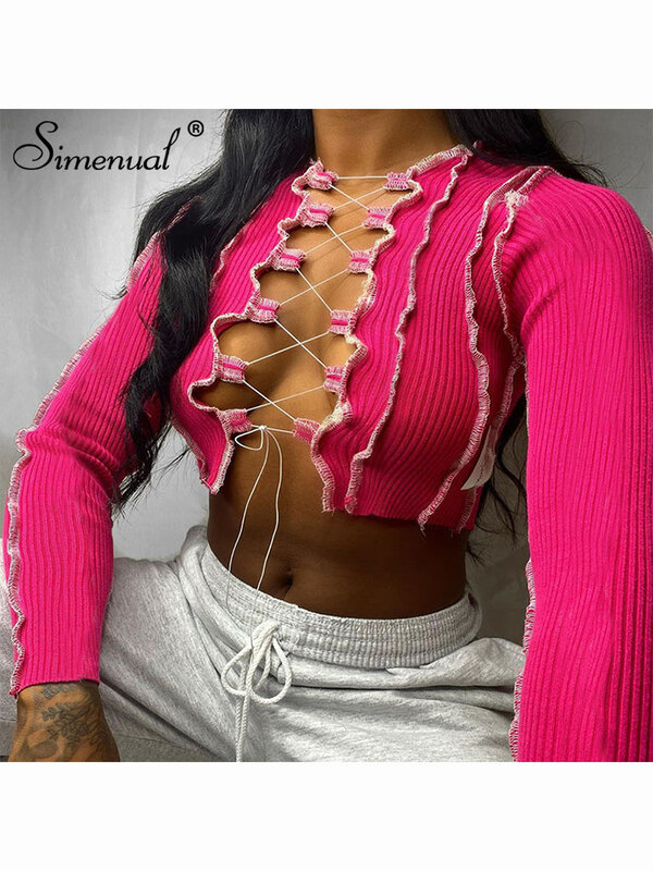 Simenual Patchwork Lace Up Long Sleeve Crop Tops Women Ribbed Sexy Party Knitwear T-Shirt Hollow Out Bodycon Club Tie Front Top