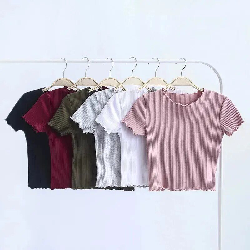 2022 Summer Clothing Vintage Wood Ears O Neck Short Sleeve T-Shirt New Woman Slim Fit  Tight Tee Summer Retro Tops 6 Colors