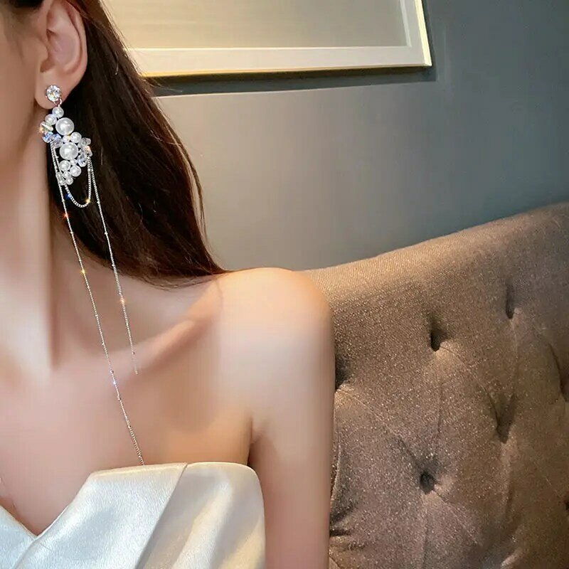 ZLALHAJA-pendientes colgantes de cadena de perlas de imitación para mujer, aretes largos de lujo con borla, joyería de aguja de plata 925