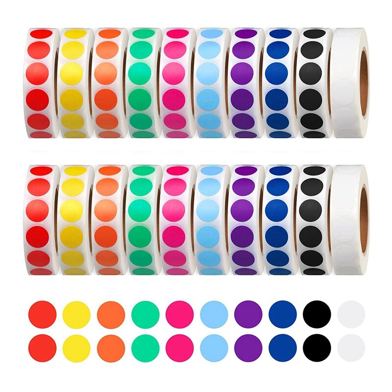 20000 Pieces 1/2 Inch Round Color Coded Dot Labels Roll Sticker For Inventory Organizing File Sorting, 10 Colors
