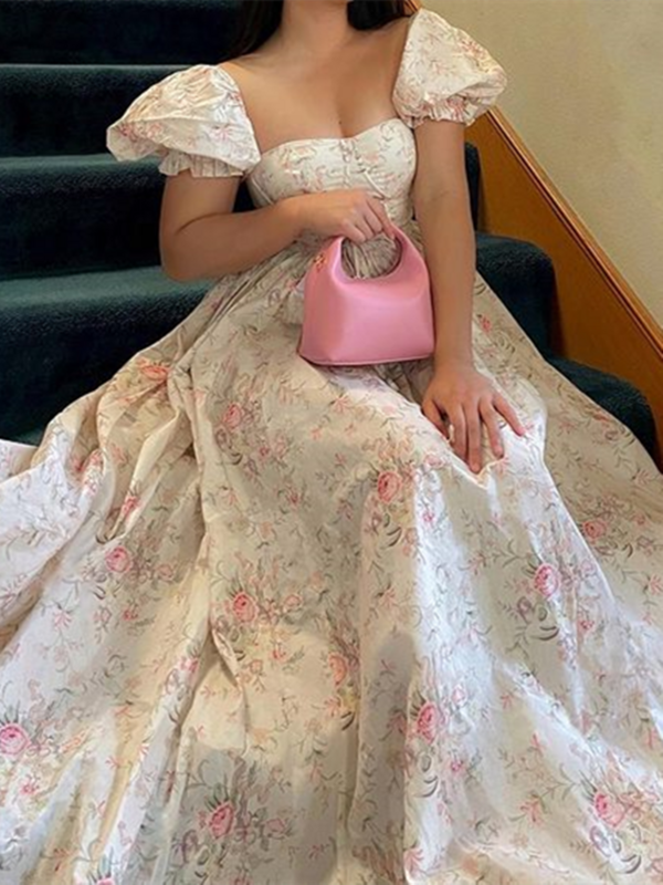 2022 księżniczka krzyżowe wiązanie z koronką talia sukienka Midi z nadrukiem kwiatowym kobiety kwadratowy dekolt bufiaste rękawy Ruched Swing impreza z tortem szata