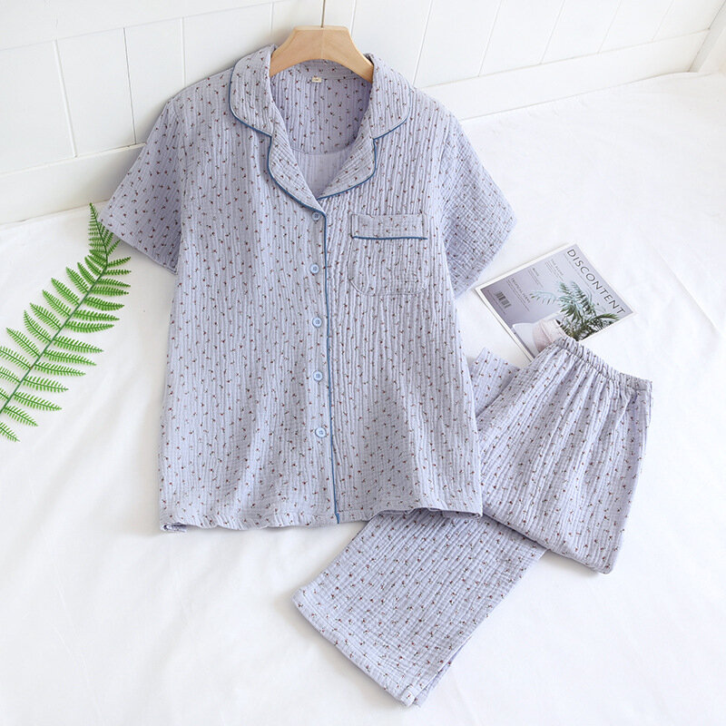 Pijama feminino seção fina lavado algodão gaze crepe sleepwear conjunto senhoras doce bonito calças de manga curta terno de serviço de casa