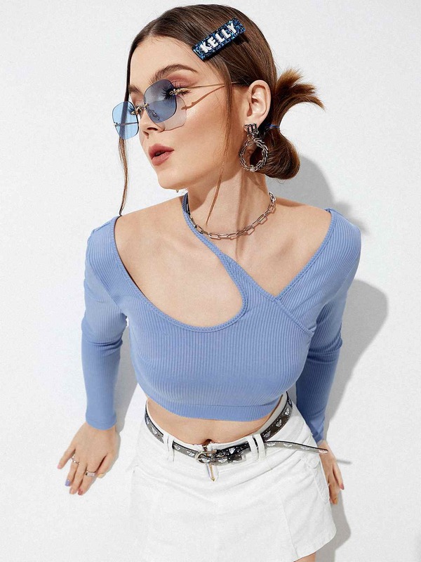 RINSTA 2022 Autumn Summer Tops Women Fashion Blouses Solid Asymmetrical Neck Crop Top Long Sleeve Tunic Sexy Party Club Blouse